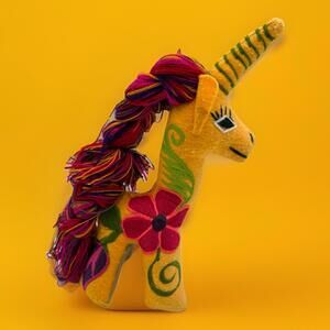 Folk Art Plush Horse Unicorn Hand Embroidered Felt Floral Orange OOAK